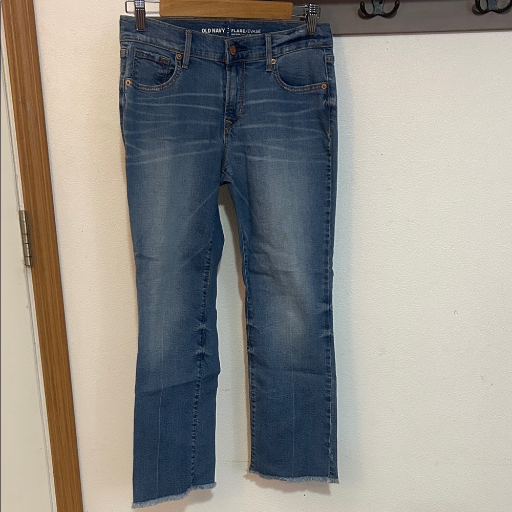 Old Navy Women's Flare Jeans in Blue, raw hemline, distressed size 2 regular